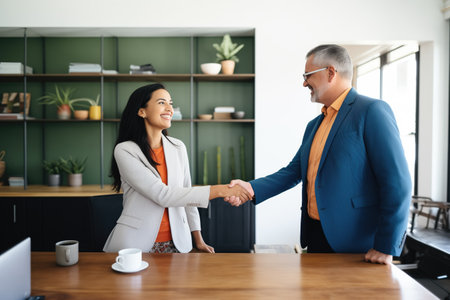 attorney and client shaking hands in an officeの素材