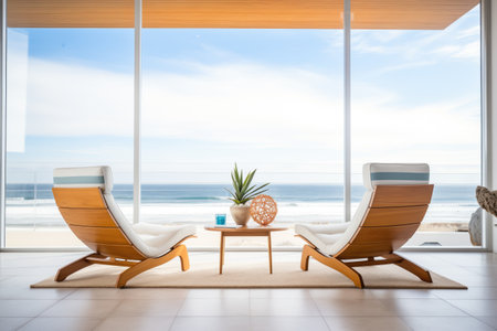modern lounge chairs facing oceanの素材