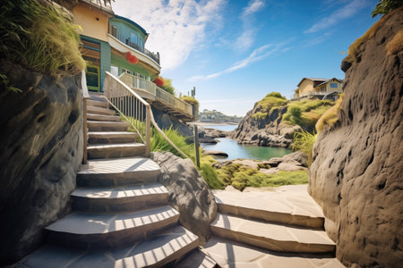 winding stairs leading down to a secluded coveの素材