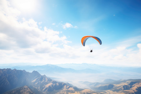 paraglider soaring above a high altitude mountainous landscapeの素材