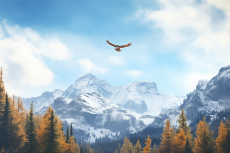 eagle soaring above alpine trees and peaksの素材