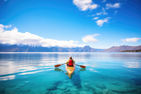 a man kayaking in a clear ocean bay with mountainsの素材
