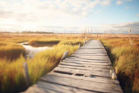 old wooden plank boardwalk in a marshlandの素材