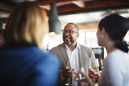 sommelier speaking with customers at a wine tasting eventの素材