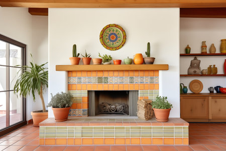 indoor fireplace with terracotta pots and spanish tilesの素材