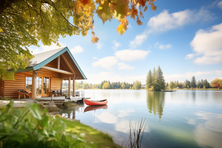 log cabin with a canoe by a tranquil lakeの素材