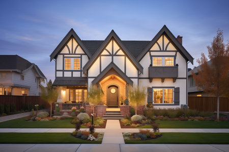 tudor home twilight shot, front gable lit by landscape lightingの素材