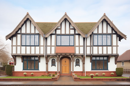 halftimbered tudor house with prominent diamond windowsの素材