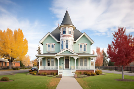 victorian house with turret and manicured front lawnの素材