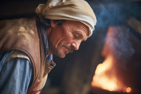 baker removing hot bread from stone ovenの素材
