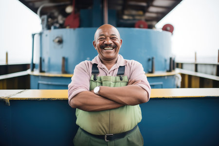 captain smiling with arms crossed on barge deckの素材