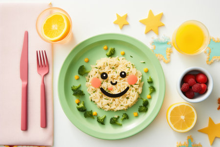 childs plate with broccoli rice and smiley faceの素材