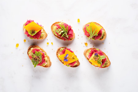 vibrant beetroot hummus bruschettas on a marble surfaceの素材
