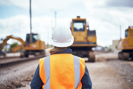 bulldozer driver wearing hard hat while inspecting machines tracksの素材