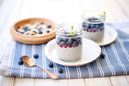 blueberry chia pudding with whole blueberries, linen napkinの素材