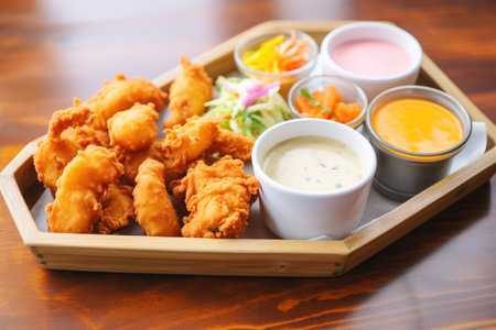 party tray of nuggets with four colorful dipping saucesの素材