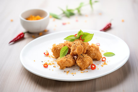 spicy breaded nuggets with chili flakes, white plateの素材