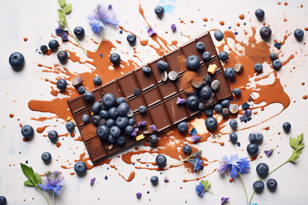 chocolate bar with blueberries scattered around itの素材
