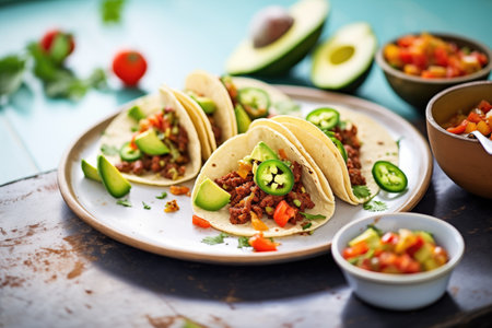 chorizo tacos with avocado slices and red chili flakesの素材