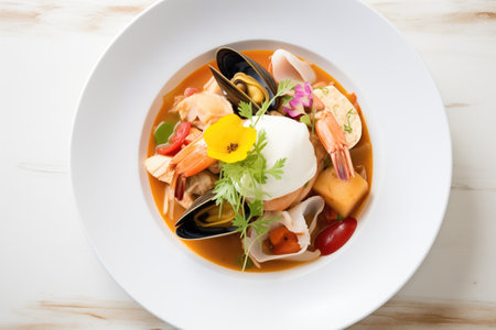 deconstructed cioppino, with each seafood item separated on a white tableの素材