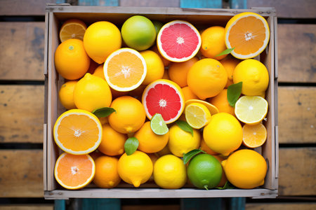 a crate of mixed citrus fruits at a farmers marketの素材