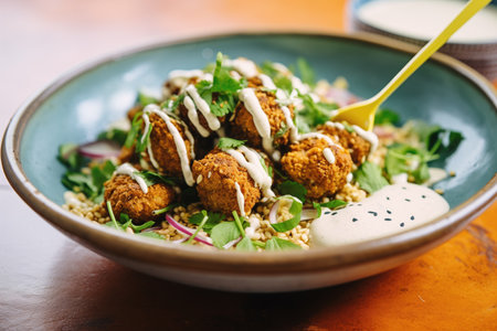 close-up of falafels drizzled with tahini in a bowlの素材