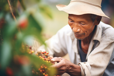 farmer handpicking coffee cherries in a plantationの素材