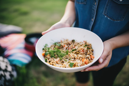 person serving farro salad from large bowl at picnicの素材