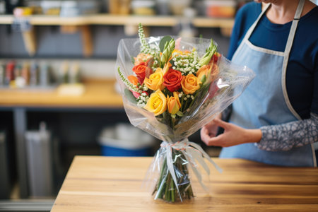 wrapping bouquets in cellophane for customersの素材