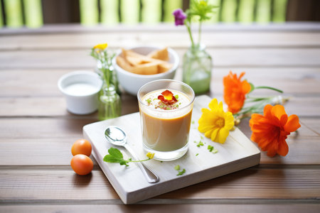 gazpacho surrounded by its pureed ingredientsの素材