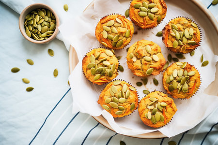 an overhead shot of pumpkin gluten-free muffins with pumpkin seedsの素材