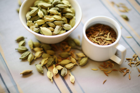 cardamom pods scattered around a cardamom flavor tea cupの素材