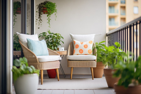 tranquil balcony with potted plants and comfortable outdoor furnitureの素材