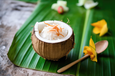 kulfi in coconut shell on tropical leaf, beach themeの素材