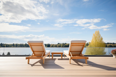 lakeside deck, lounge chairs, clear summer dayの素材