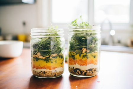 layered raw and sprouted masoor dal in jarsの素材