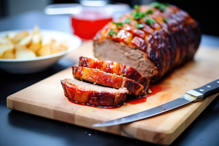 meatloaf with ketchup glaze and a cut sliceの素材