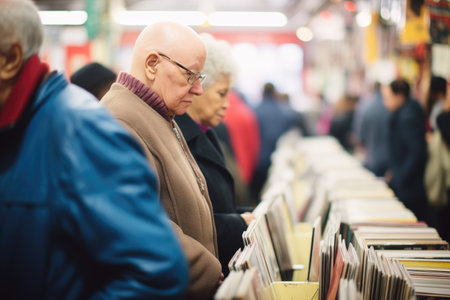 shoppers browsing through rows of vinyl recordsの素材