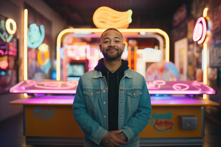 portrait of neon maker with finished product litの素材