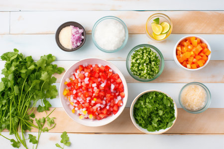 top view of colorful pico de gallo ingredients spread outの素材