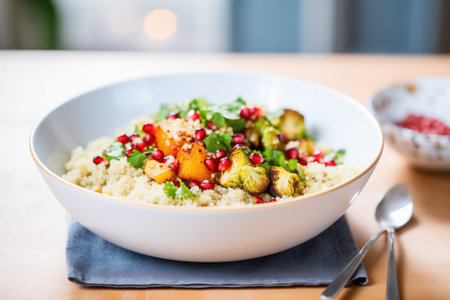 quinoa and roasted brussels sprouts bowl with pomegranate seedsの素材