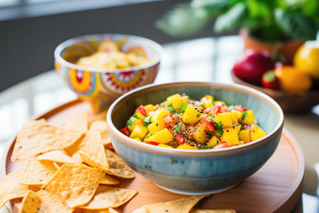 bowl of fruity mango salsa with a sprinkle of chili, chips on the sideの素材