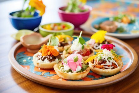 colorful sopes platter with various toppings on tableの素材
