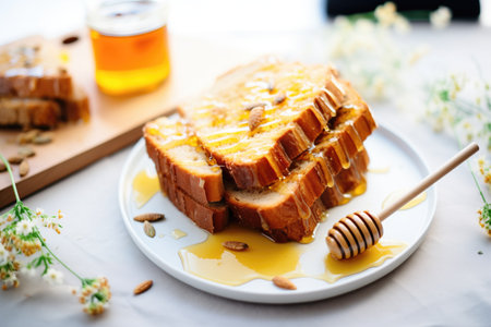 sliced sourdough loaf with honey drizzleの素材