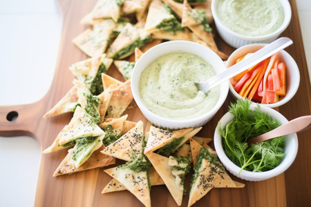 party platter of mini spanakopita triangles with dipping sauceの素材