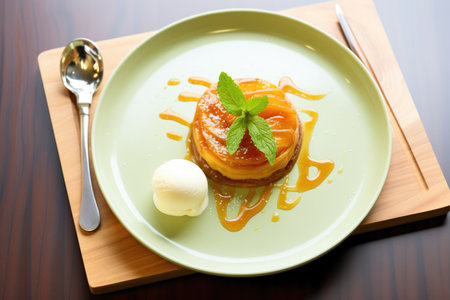 tarte tatin with a scoop of ice cream, mint garnishの素材