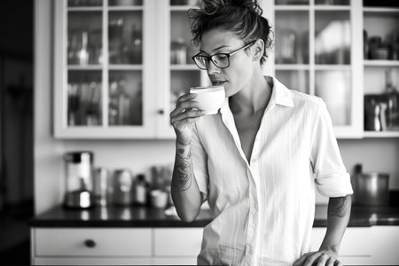 woman drinking buttermilk, casual attire, kitchen settingの素材