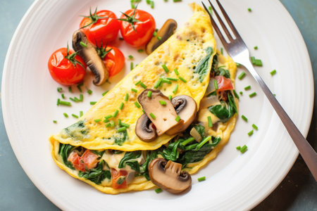 overhead shot of omelette with spinach, mushrooms, and tomatoesの素材