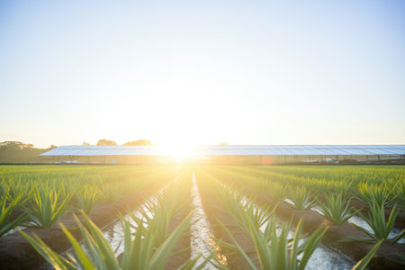 aloe vera farm with rows of plants under the sunの素材