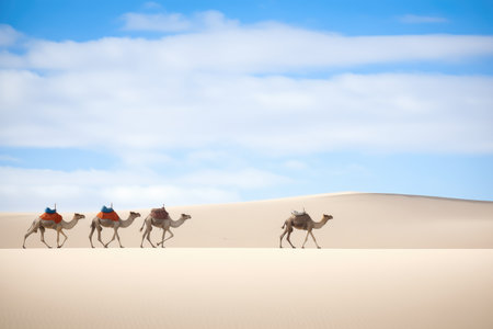 camel caravan crossing barren dunes at middayの素材
